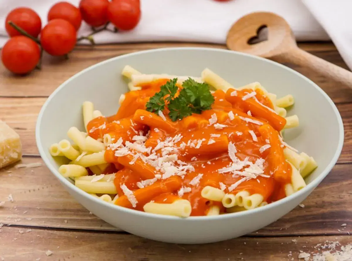 Schüssel mit Pasta und einer leuchtend roten, traditionellen Tomatensauce, garniert mit Petersilie und Parmesan. Ein Stück Parmesan und Kirschtomaten liegen daneben.