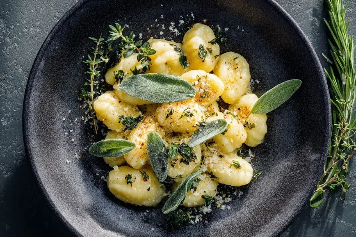 Gnocchi mit Salbeibutter, garniert mit frischen Kräutern und Parmesan. Ein köstliches Gericht, das nach Italien schmeckt.