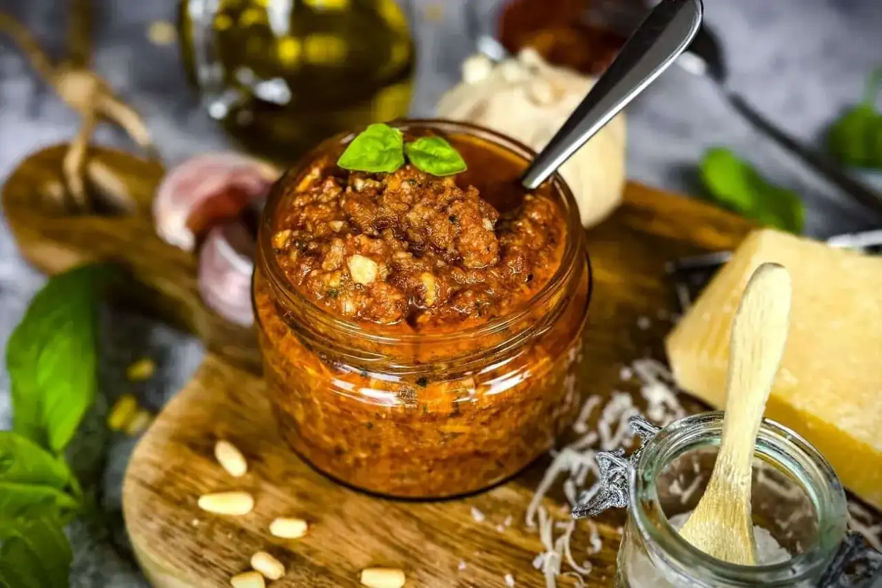 Ein Glas mit leuchtend rotem Pesto, garniert mit Basilikum. Daneben Pinienkerne, Knoblauch und ein Stück Parmesan.