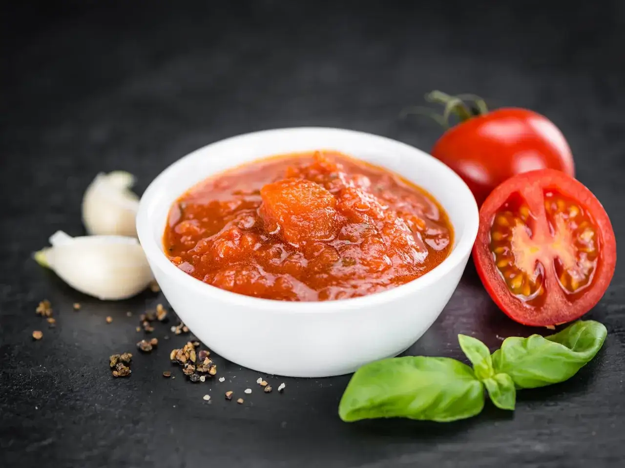 Schüssel mit hausgemachter tomatensauce aus frischen tomaten, Knoblauch und Basilikum.